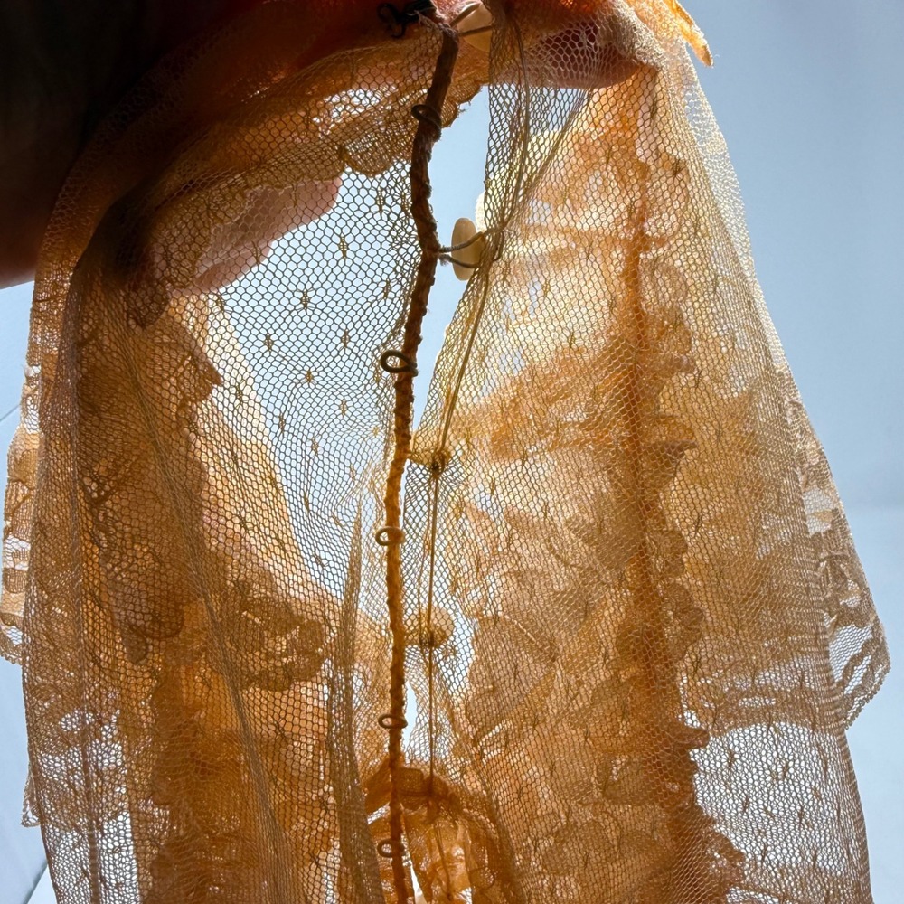 Vintage Peach Lace Capelet Sheer Mesh Victorian Ruffle High Neck Pearl Button 9 - Picture 3 of 8